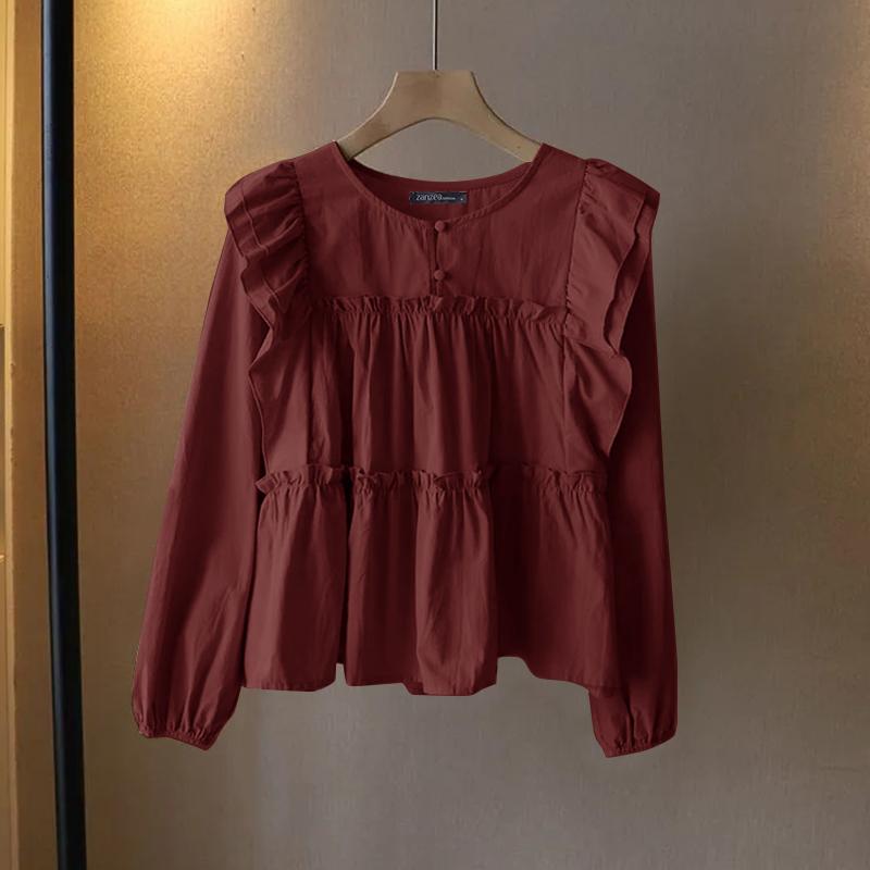 ZANZEA Women Casual O-neck Long Sleeve Loose Ruffles Blouse