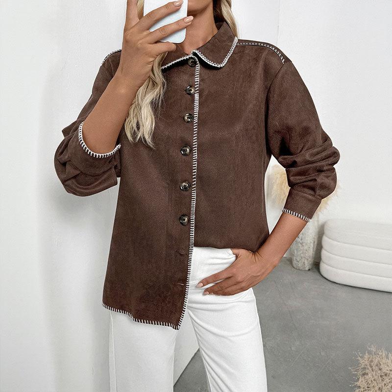 Nowa jesienno-zimowa casualowa kurtka koszulowa z klapami w kolorowym bloku w stylu retro dla kobiet