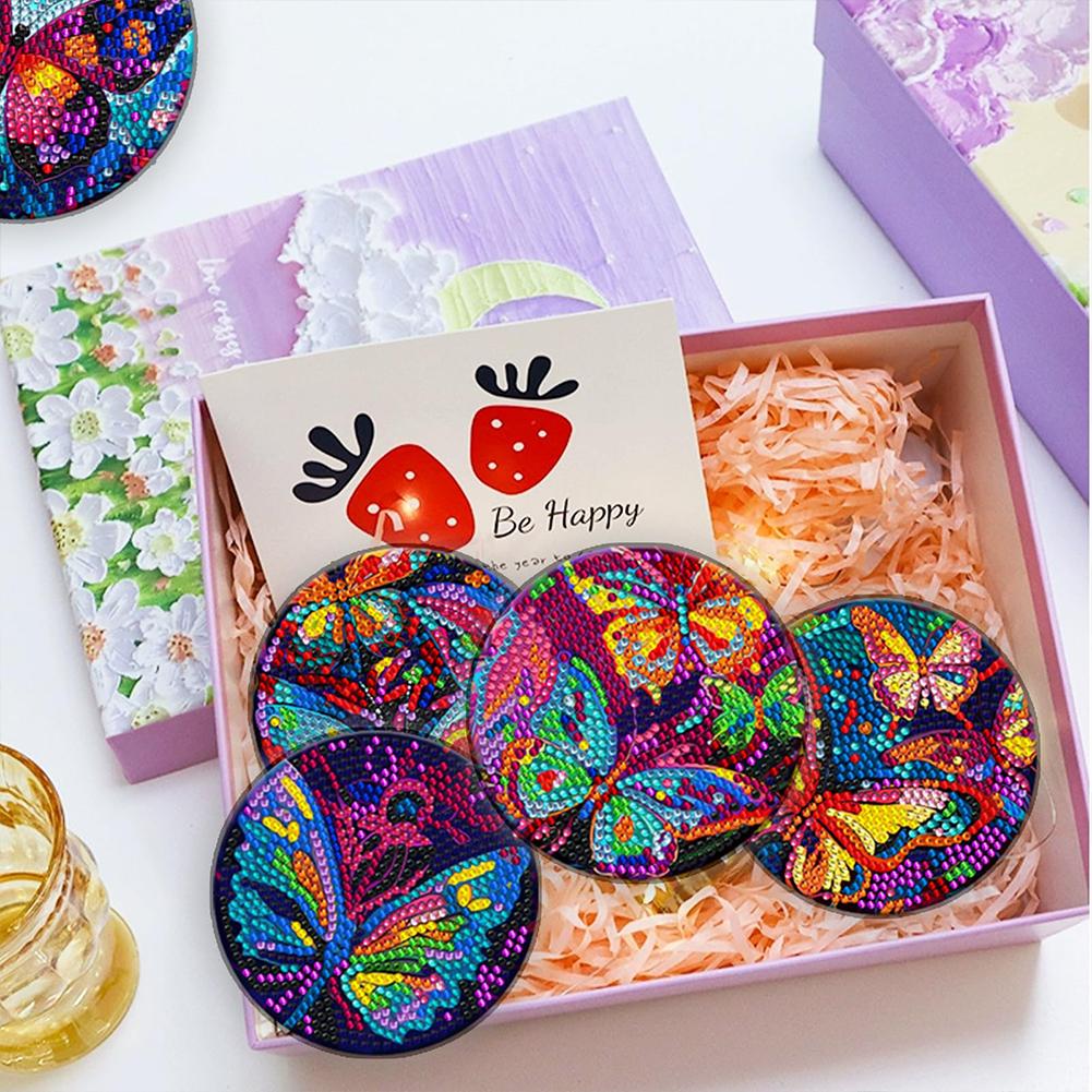 8PCS Diamond Painting Coasters Kits Dragon Acrylic Diamond Painting Art Coaster Kit Special Shape with Holder Butterfly Red Rose