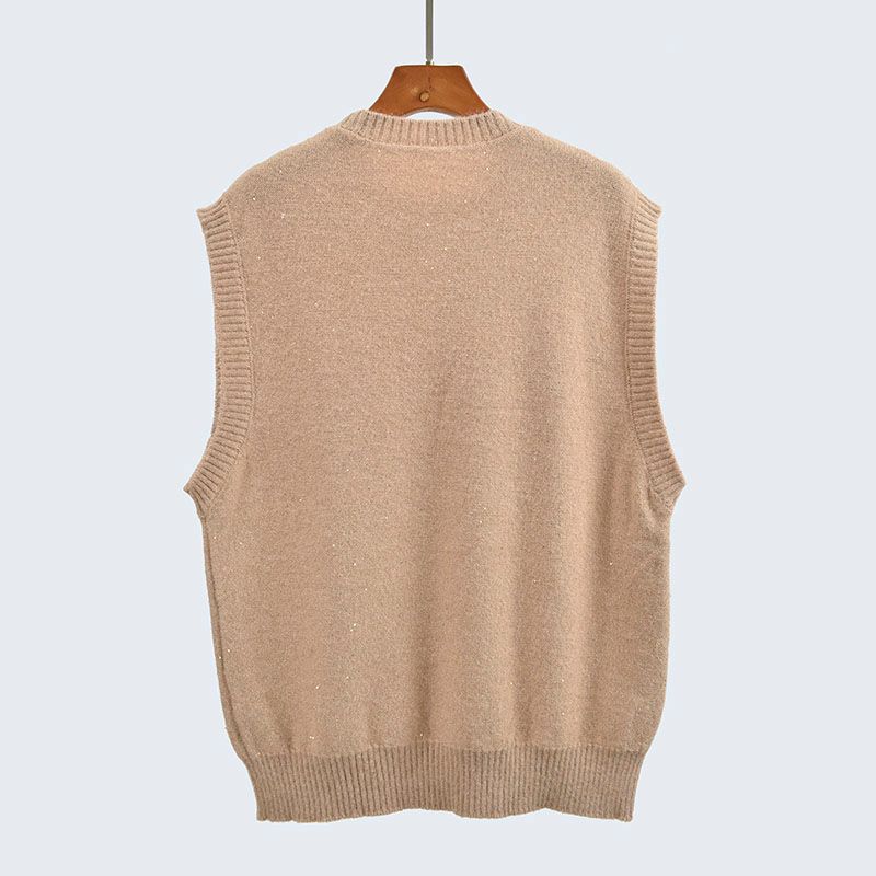 And Winter Round Neck Sleeveless Vest Waistcoat Small Sequin Flash Silk Stitching Knitting Sweaters Women's Clothing Preppy Style Easiest for Match