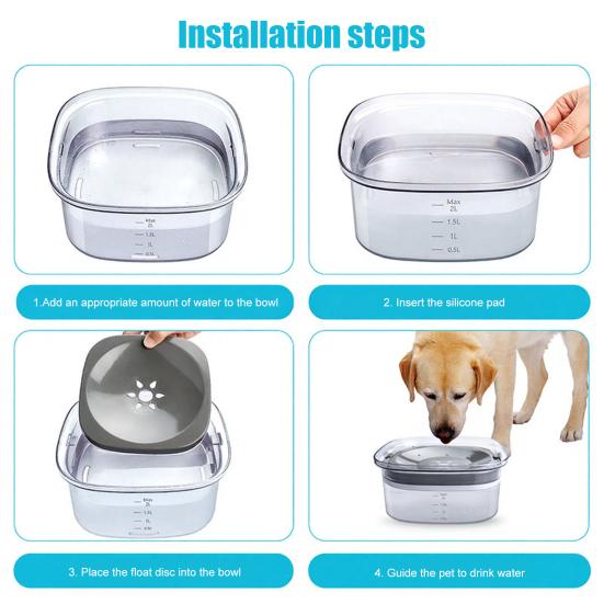 Pet Water Bowl No Spill 2L Spill Proof Clear Dog Water Bowl Anti Splash No Mess Cat Water Dispenser for Sloppy Messy Drinkers