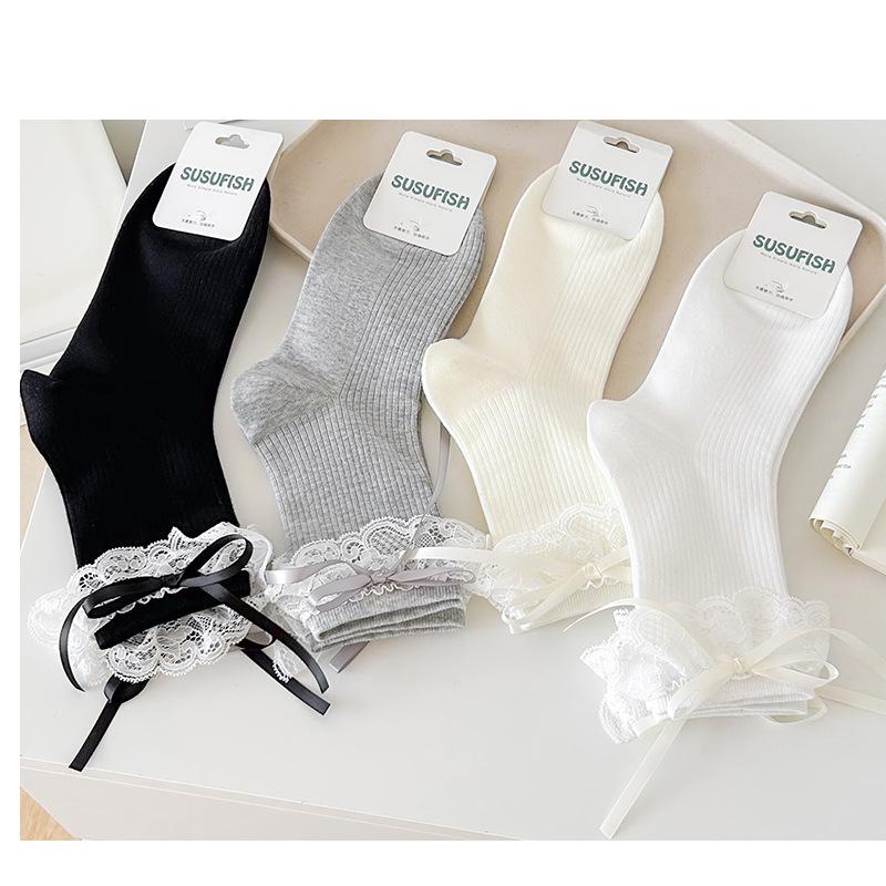 Chaussettes style ballerine pour filles, Douce frange en dentelle, Chaussettes mi-mollet à nœud pour filles, Couleur unie, Polyvalentes, Chaussettes longues sans couture