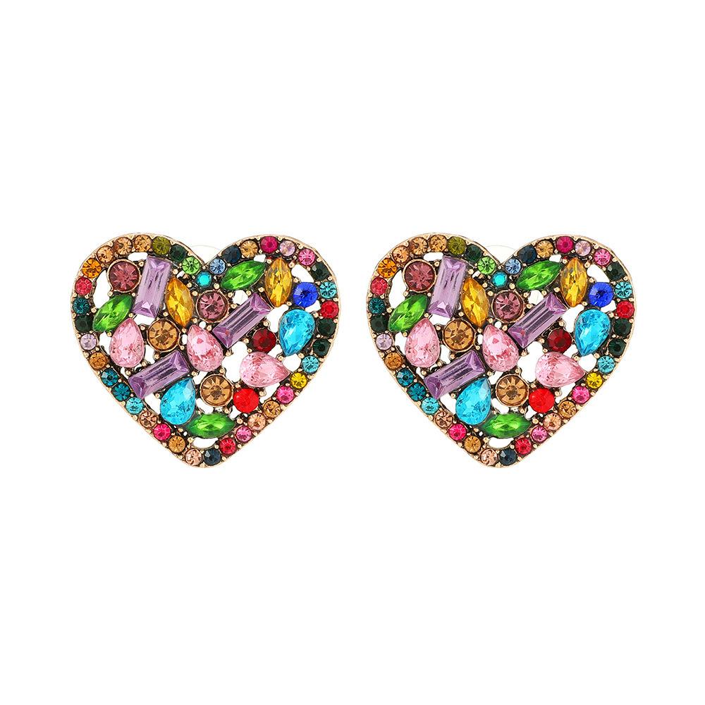 Korean Fashion Heart Metal Hollow Stud Earrings For Women Girl Luxury Bling Color Crystal Party Jewelry Aesthetic Accessories