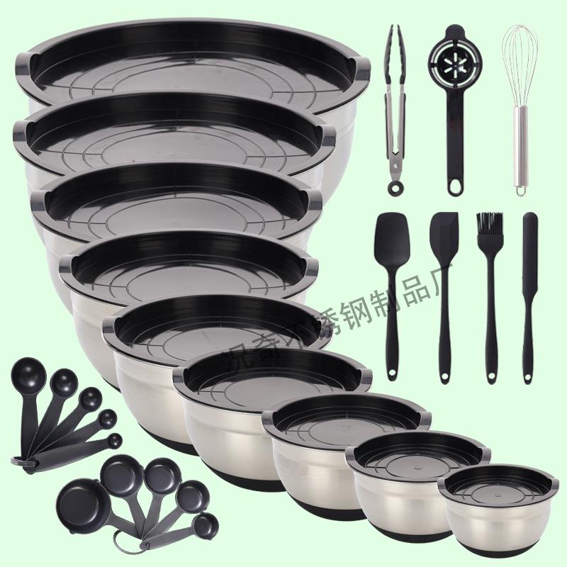 American-Style Silicone-Lidded Salad Bowl Set - Stainless Steel, Multi-purpose for Cooking, Baking, and Egg Beating.