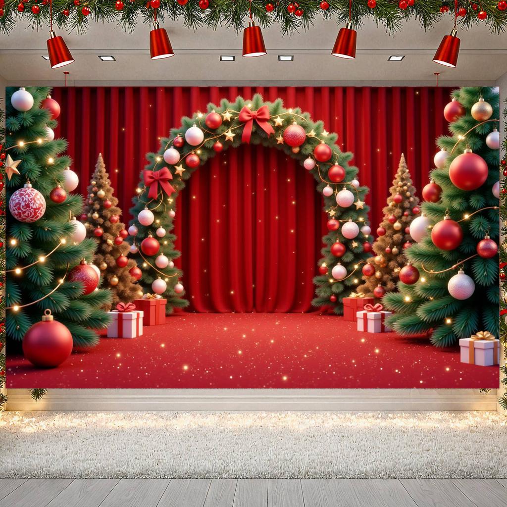 Christmas Ornament Festive Holiday Backdrop Winter Banner Red Theme Christmas Banner For Xmas Celebration Photo Shoot Indoor