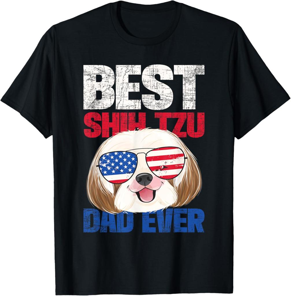 Best Shih Tzu Dad Ever USA Flag Dog Breeder Animal T-Shirt for Women Men Vintage Graphic T Shirts Kawaii Aesthetic Clothes
