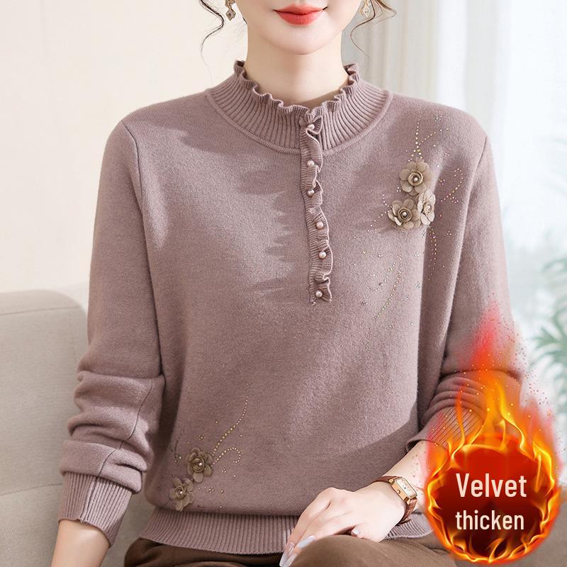 Women's Fleece Knit Top: Wood Ear Collar, Plus Velvet Warm Base Layer, Winter Inner Wear, Middle-Aged Mom's Sweater