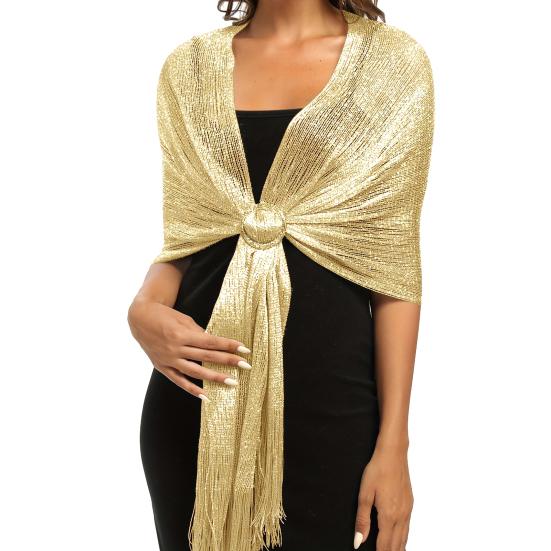 Women Shawl Sparkling Metallic Lightweight Scarf Wrap with Tassel Free Buckle Shimmering Finish Evening Wedding Formal Dress Stole