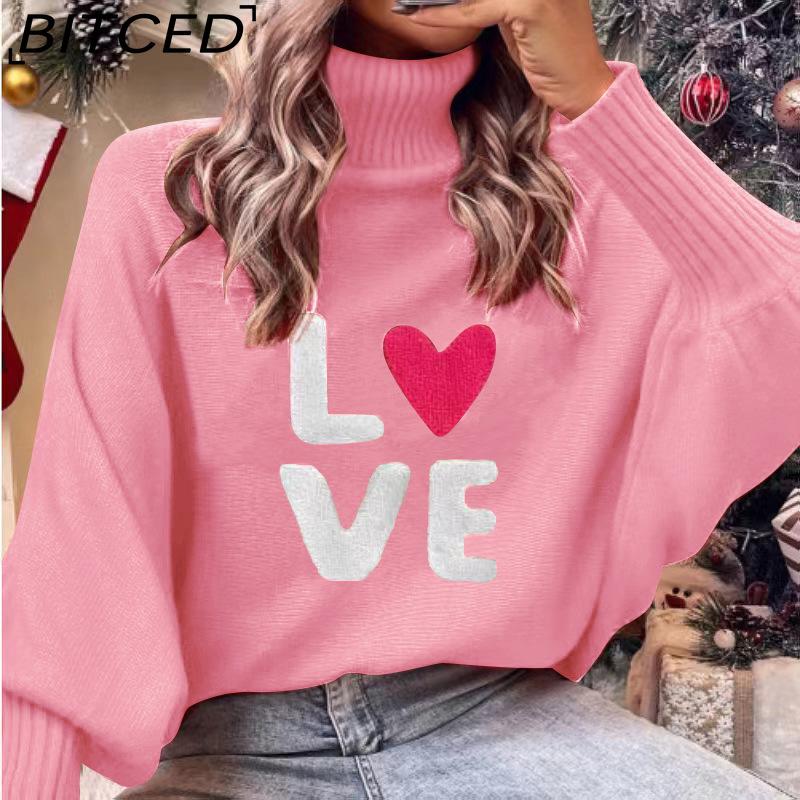 BITCED Valentine's Day LOVE Red Turtleneck Sweater Batwing Sleeve Oversized Pullover Knit Top
