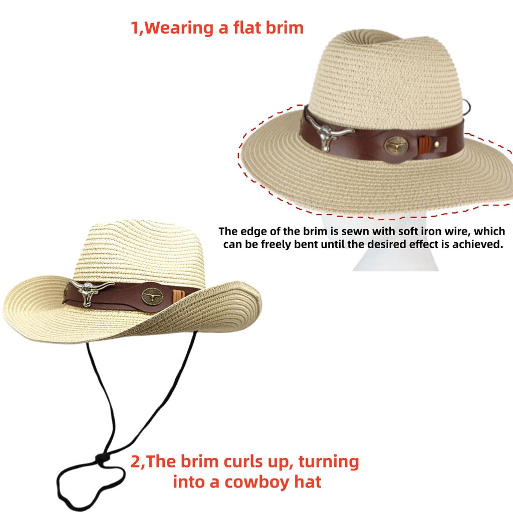 Vintage Westernstroh-Cowboyhut Unisex mit Gürtelschnallen-Dekoration Geeignet für Outdoor-Strandurlaub Breiter Rand Sonnenschutzhut Urlaubsgeschenk