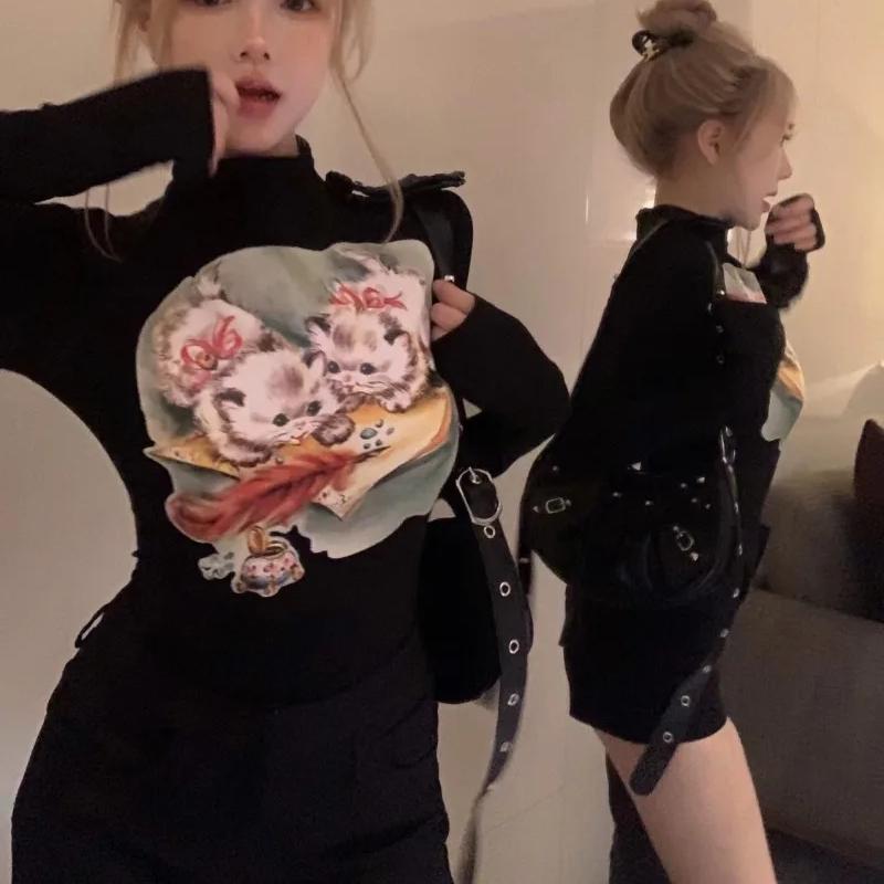 Sweet Sexy Kawaii Cat Print Camisetas Half High Collar Women Vintage Short Tshirts Y2k Slim Waist Crop Tops Skinny Yellow Tees