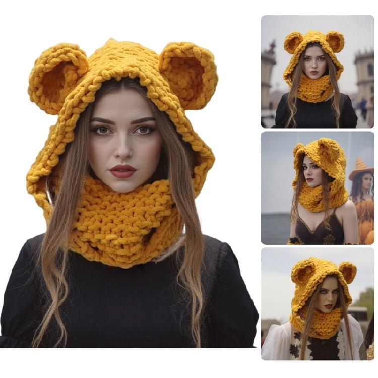 Thicken Neck Warmer Hat Crochet Bear Ear Balaclava Scarf Hat for Cold Weather Winter Sport Gear For Outdoor Enthusiasts
