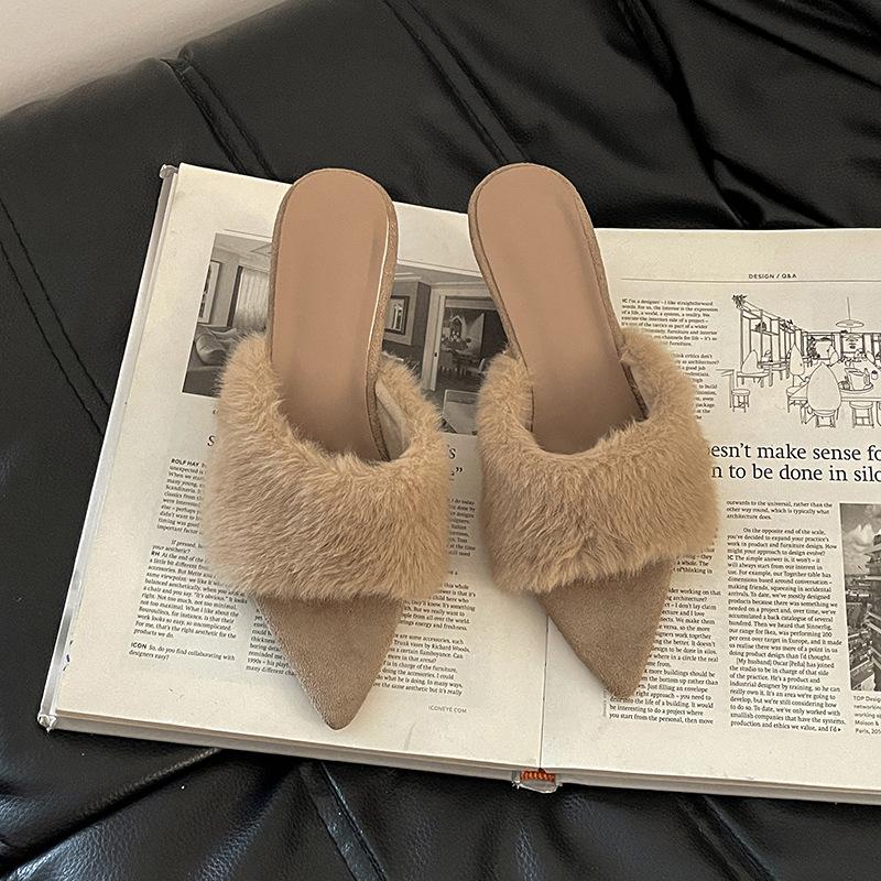 Pointed Suede Versatile Fluffy Slippers Outer Wear Autumn and Winter Fashion To Increase Temperament Girls Slope Heel One-word Trend