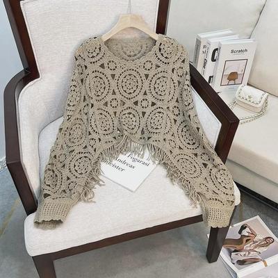 Vintage-stijl ronde hals kwastgebreid vest met vleermuismouwen voor dames