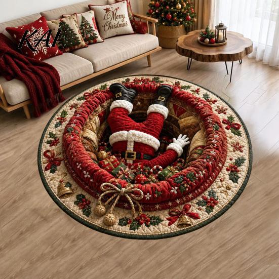 Kerstfeest Woondecoratie Ronde Kerst 3D Vloerkleed, Optische Illusie Vloerkleed Kerstman Kabouter Gewatteerd-achtig Comfortabel Blote Voeten Vloermat Antislip