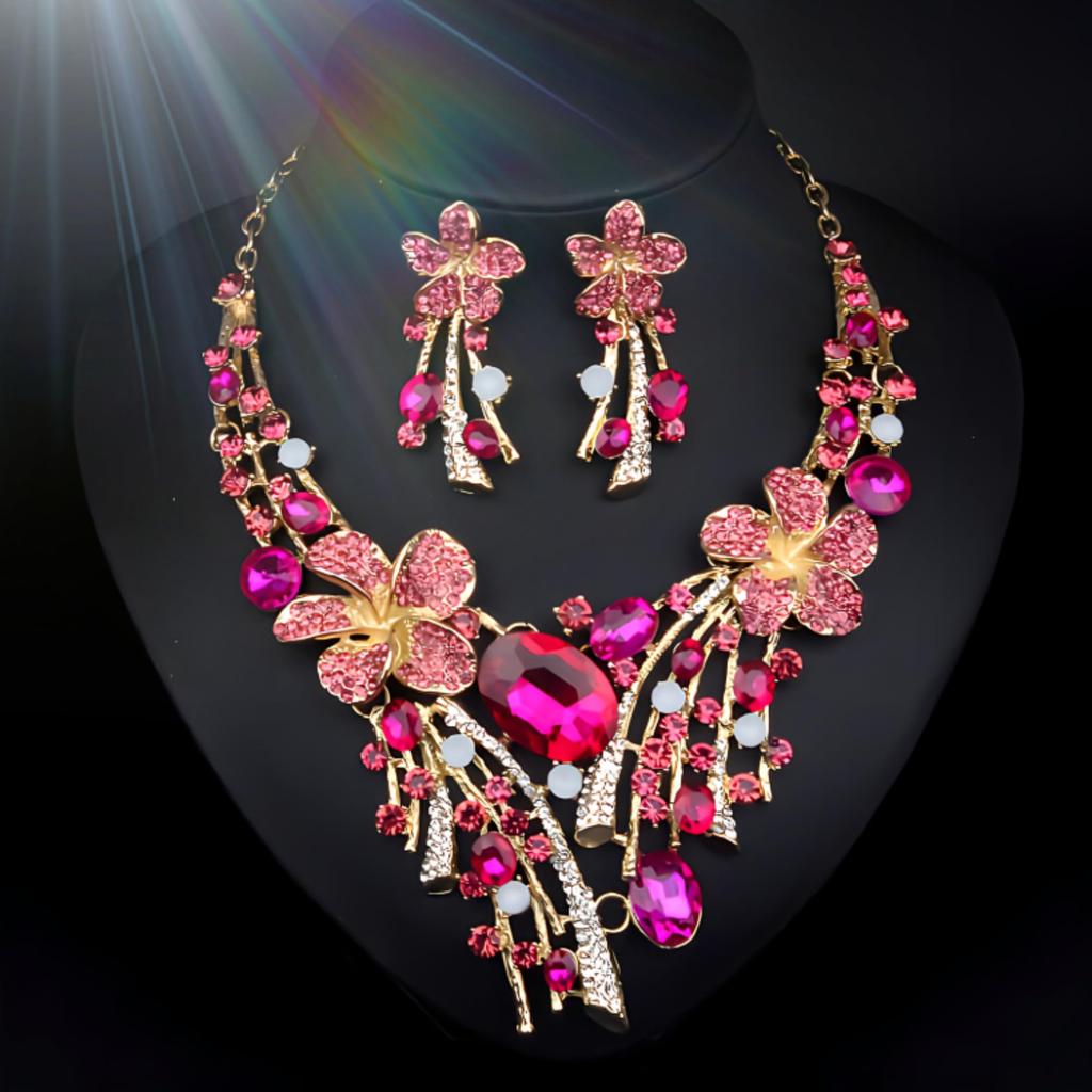 [KK Solis] Orchid Motif Earrings & Necklace Set with Marquise & Teardrop Crystals - Perfect for Concerts, Dance Performances, Recitals,