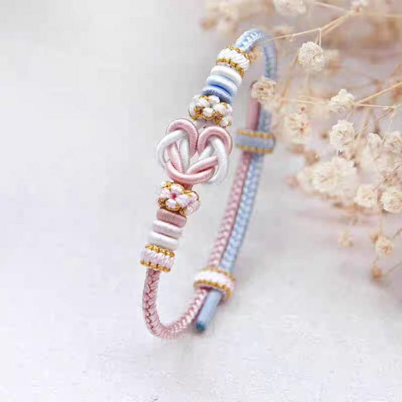 

Браслет-ремешок с узлом в виде сердца для пары, высококачественный, с цветовой гаммой, носимый, с золотыми бусинами на удачу, ручной работы, из красной веревки Blue and pink-heart knot 14-18cm/3mm