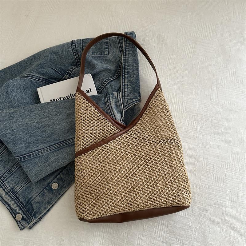 Vintage Woven Tote Bag Stylish Large Capacity Shoulder Bag For Women In Black White Brown And Khaki