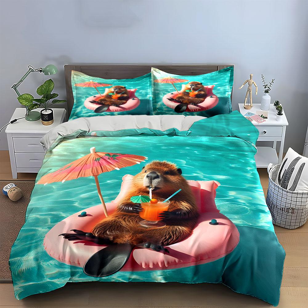 Pool Relaxation Beaver Set Soft Comfortable Duvet Cover Bedding Set Included 1*Duvet Cover & 2*Pillowcases, Gift