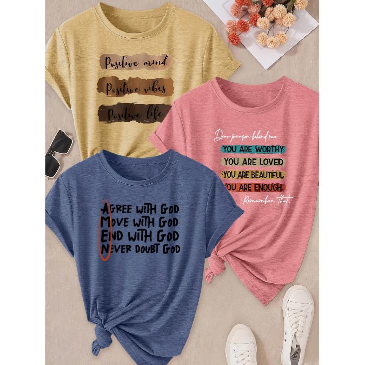 Spring and Summer Hot Sale Women's Clothing 3 Pack of round-neck short-sleeve shirts T Shirt Positive energy self-affirmation text print Sunlight