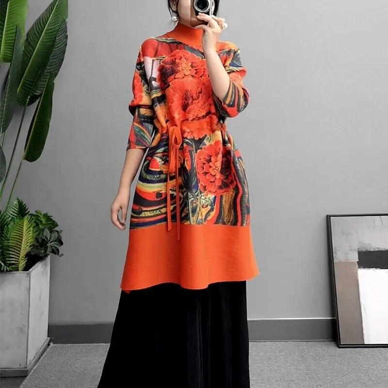 Jarní nové volné polodlouhé skládané šaty Dámské sukně v etnickém stylu s potiskem, šněrovací šaty