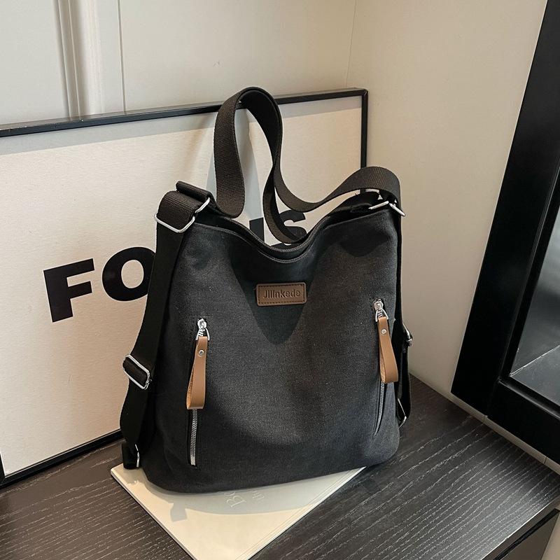 Double zipper shoulder bag New canvas Large capacity simple casual oblique span bag Multifunctional commuter backpack