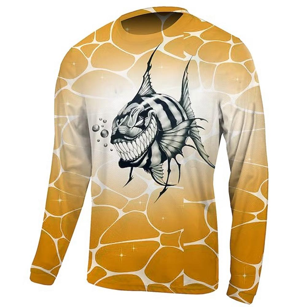 2024 Men's Fishing Shirt Long Sleeve Piranha Sea Wave Print Outdoor Running Training Breathable O Neck T-Shirt Fishing Clothing