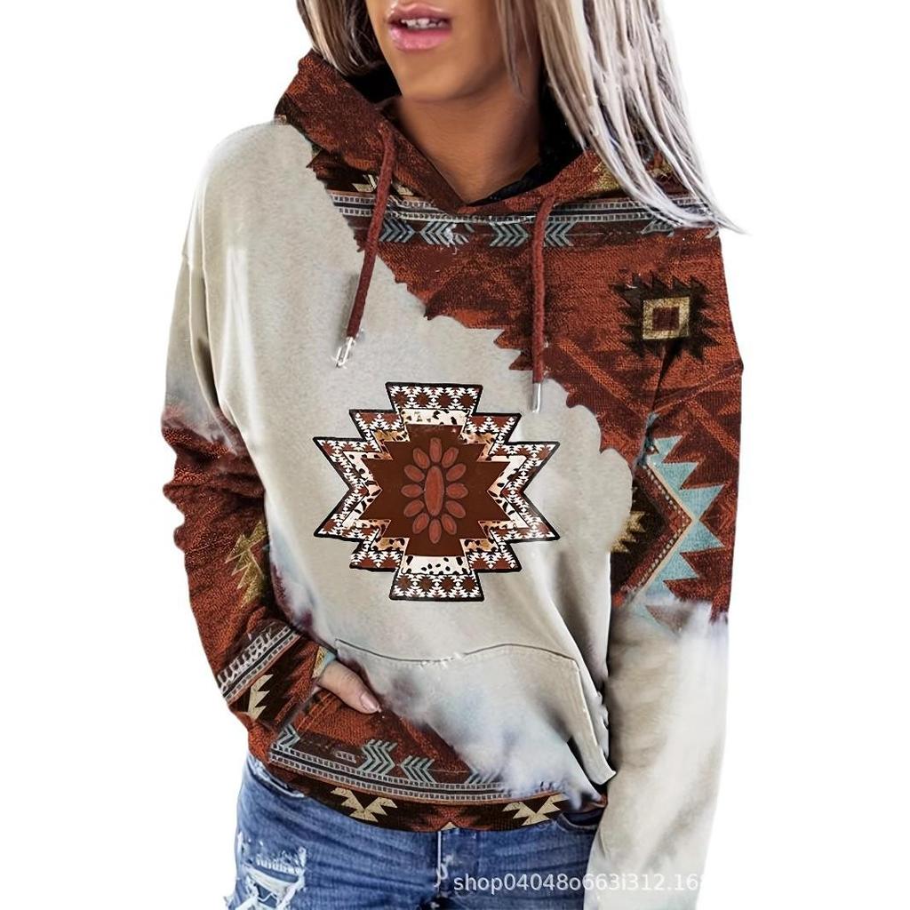 Women's Ethnic Style Retro Print Round Neck Pullover Hoodie