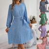 Round Neck Print Flower Dress Waist Hugging  Elegant Pleated Dress for Women Long Sleeve Loose Dresses Causal Dress