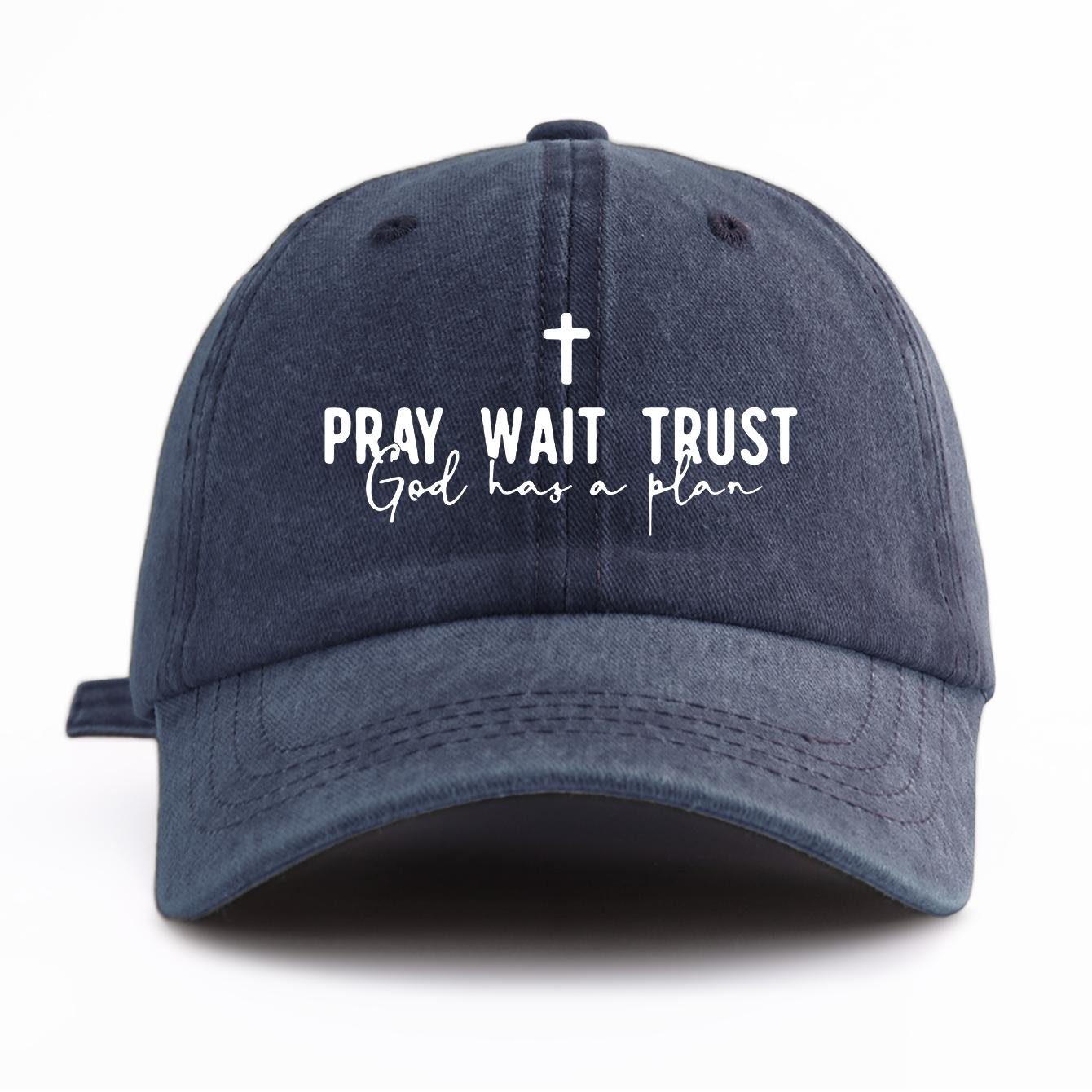 

1pc Pray Wait Trust Print Washed Baseball Cap for Adults, Minimalist Retro Style Casual Soft Adjustable Dad Hat, Perfect As Gift темно-синього кольору