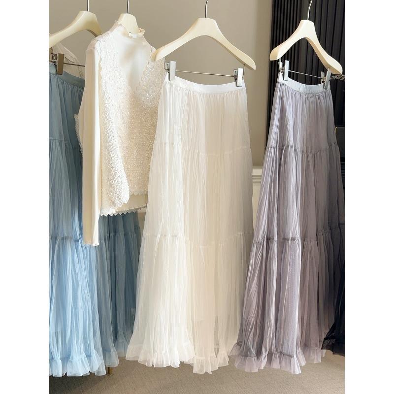

Spring high waist ruffle leaf edge mesh big swing skirt women s new gentle and thin A-shaped long skirt one size fits all білий