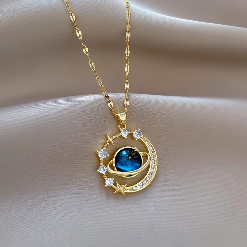 Elegant Blue Planet Pendant Necklace Luxurious Starry Sky Sparkling Accents New Year Valentine Gift for Couples Teenager