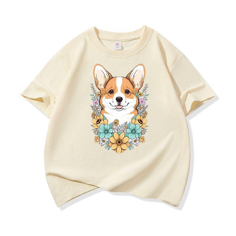 Welsh Corgi Surrounded Colorful Blooms Graphic Tee Kids 100 Cotton Crew Neck T Shirt Cute Puppy Print Short Sleeve Stylish Top