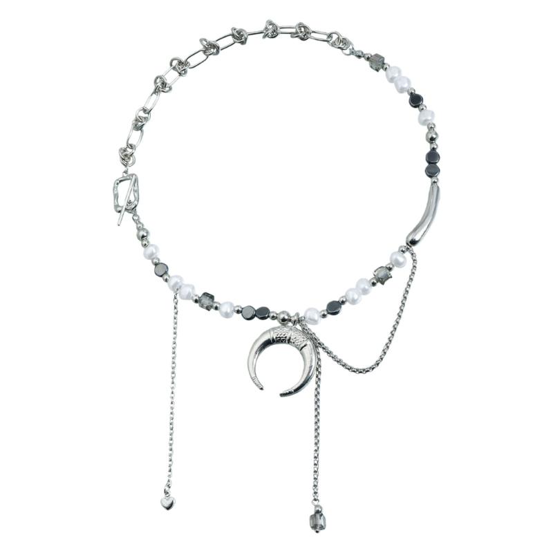 

Chic Beaded Alloy Necklace Featuring Flat Moon Charm and Pearls Diamond Elements Creating Modern Fashion Look for Women 1