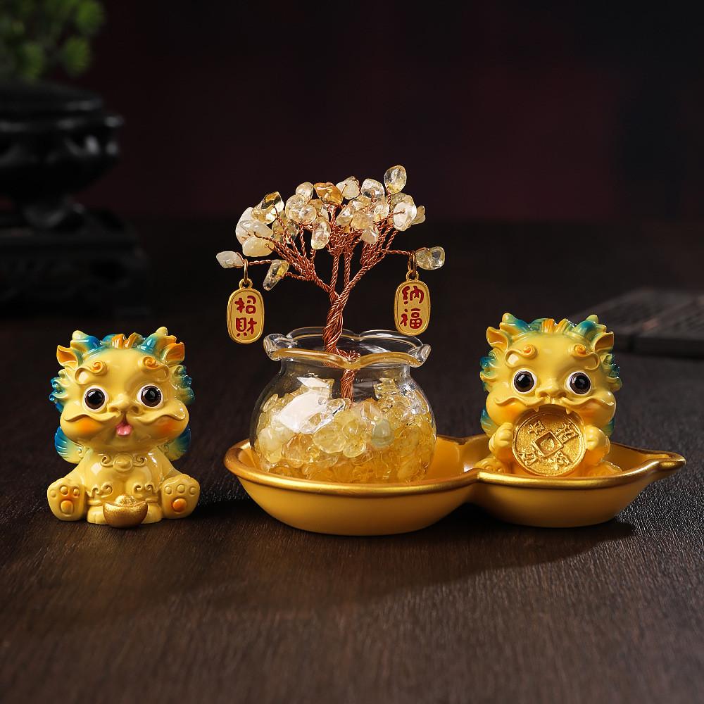 Crystall Prosperity Tree Resin Figurine With Wealth Guardian For Home Office Decor