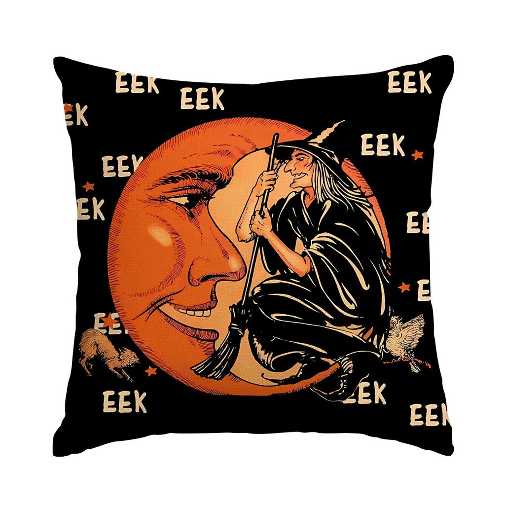1pc Orenge Cushion Cover with  Moon Witch Pattern Soft Cozy Cover for Halloween Themed Party for Living Room Couch Decoration