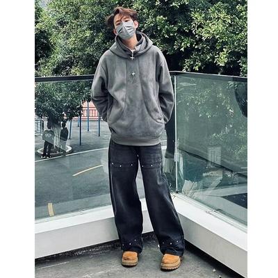 High Street Denim Pants For Men, Retro Distressed, Loose Straight Leg Pants, Wide Leg Sports Pants, Trendy