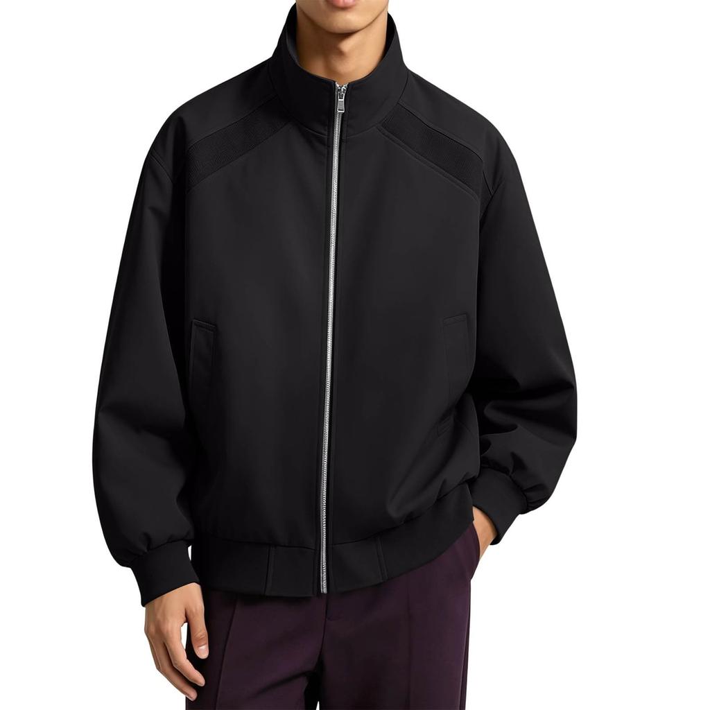 Men's Flight Jacket Stand Collar Casual Ribbed Trim Jacket for Spring Fall