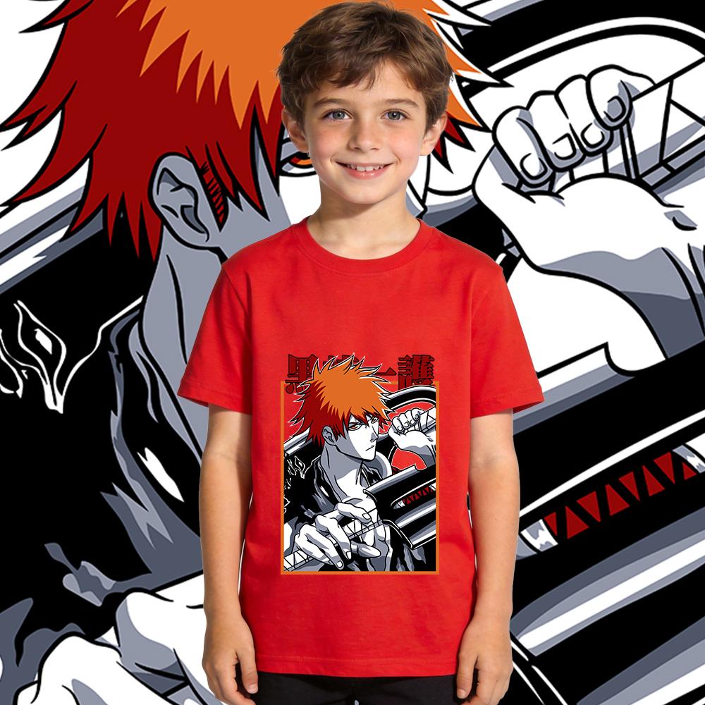 100 Percent Cotton Kids Anime T Shirt Bleach Ichigo Print Casual Summer Short Sleeve Top for Boys and Girls 100