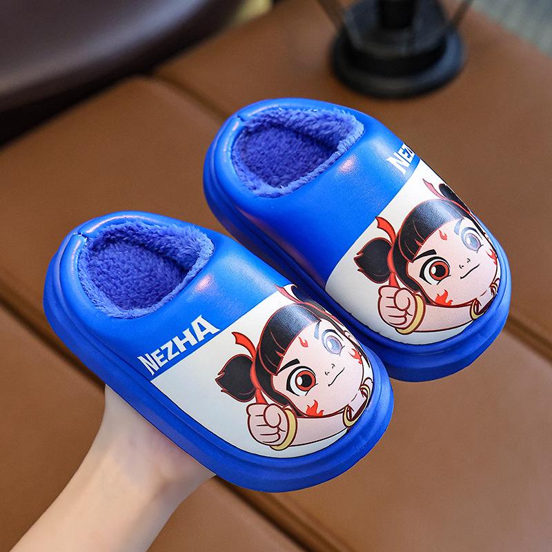 Authentic children s cotton slippers, winter waterproof Nezha slippers, thickened and warm for kids EVA Cotton-soled slippers 24-25Inner Length15cm синий
