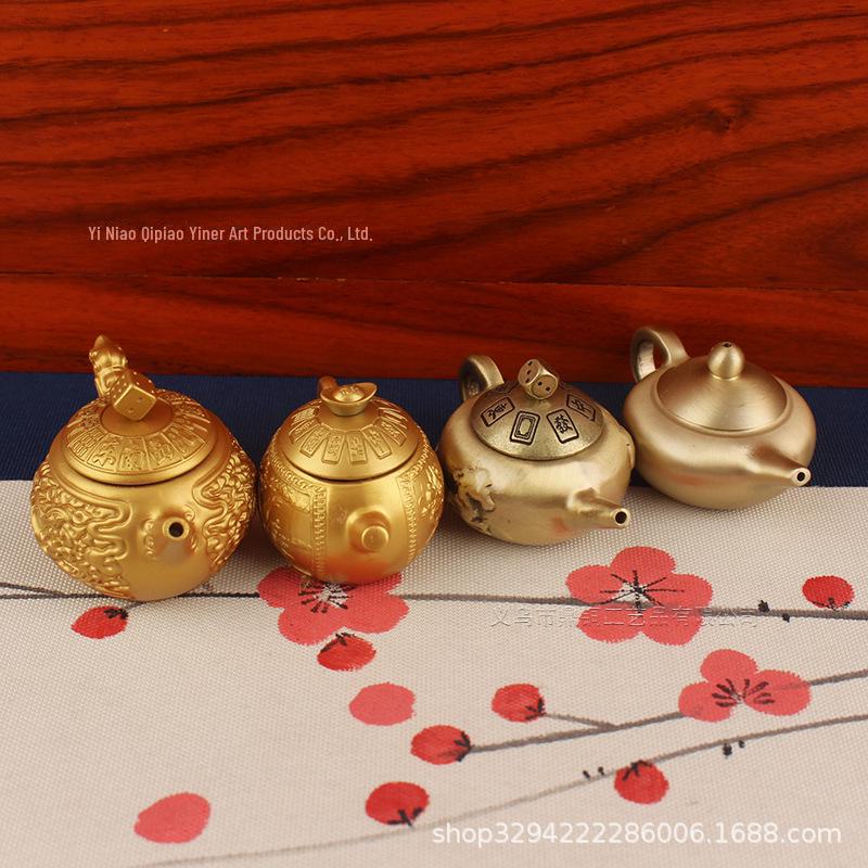 Brass Handle Rotating Dragon and Phoenix Mini Teapot for Mahjong Copper Crafts Gift