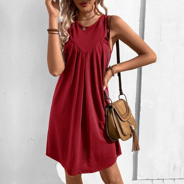 A-line Short Solid Color Women Vest Sleeveless Dress O Neck