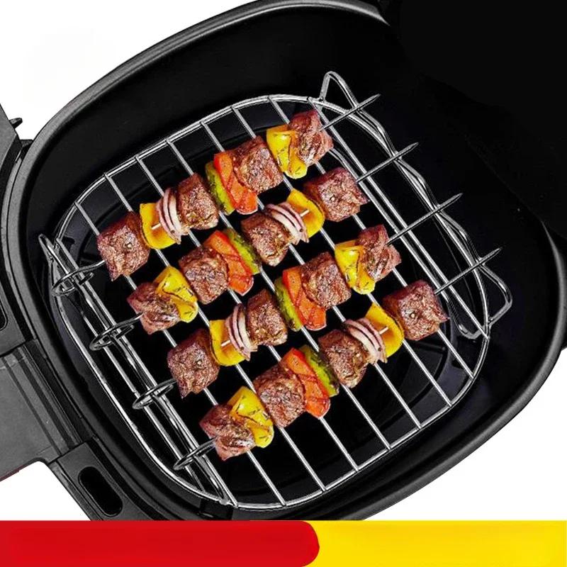Stainless Steel Air Fryer Grill Steamer 2 Tier Rack with 4 Skewers Multi Function BBQ Cooking Accessories for Home Outdoor
