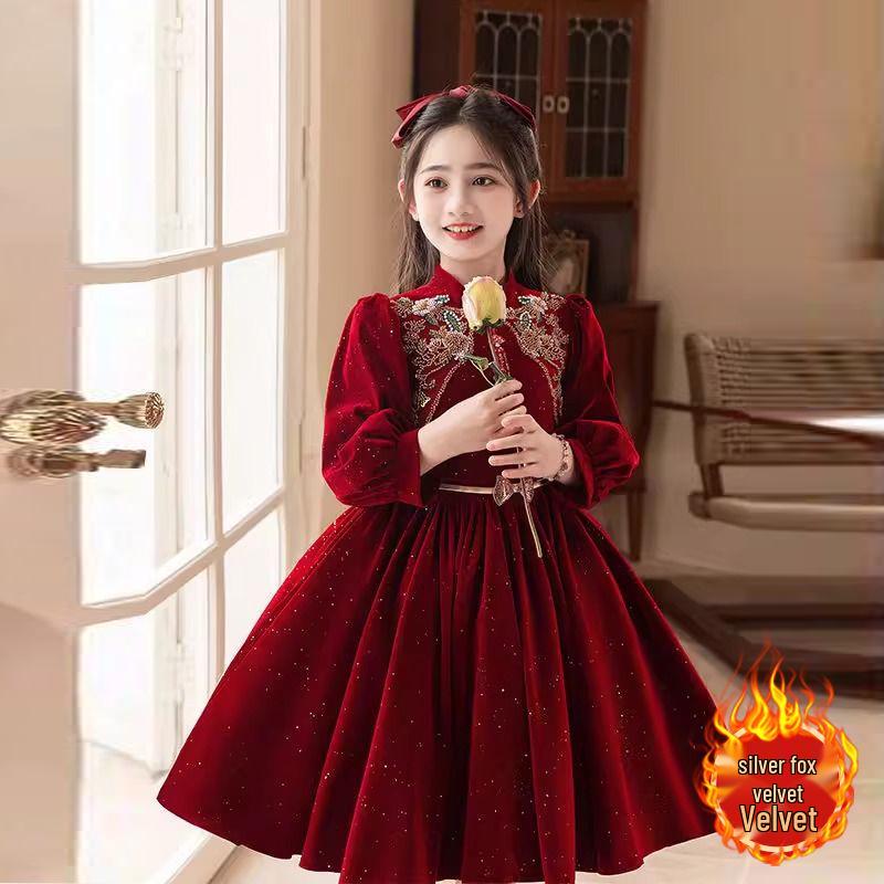 Korean Silver Fox Velvet 410g Girls' Formal Princess Dress - Autumn/Winter New Year's Gown