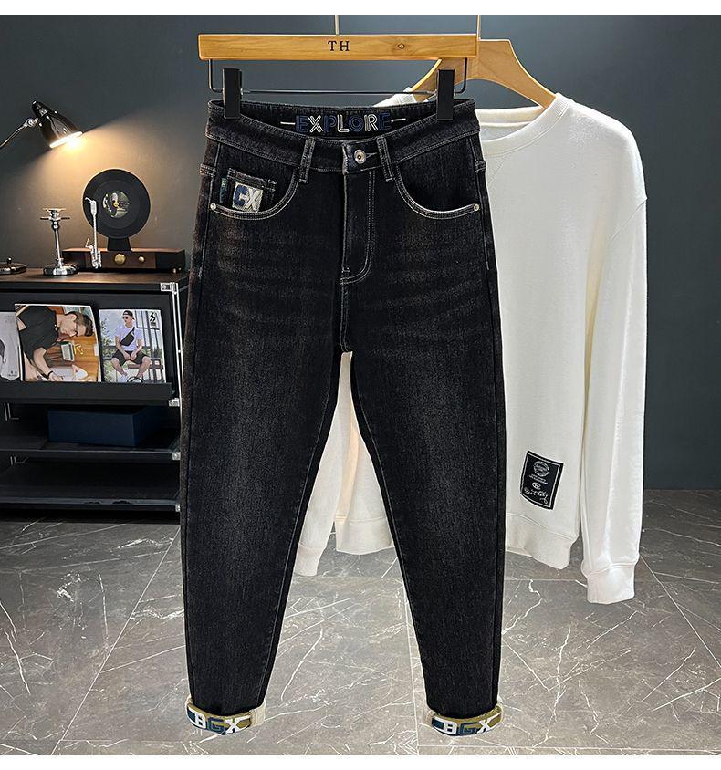 Men's Wear-Resistant Fleece-Lined Straight-Leg Stretch Slim-Fit Trendy Jeans