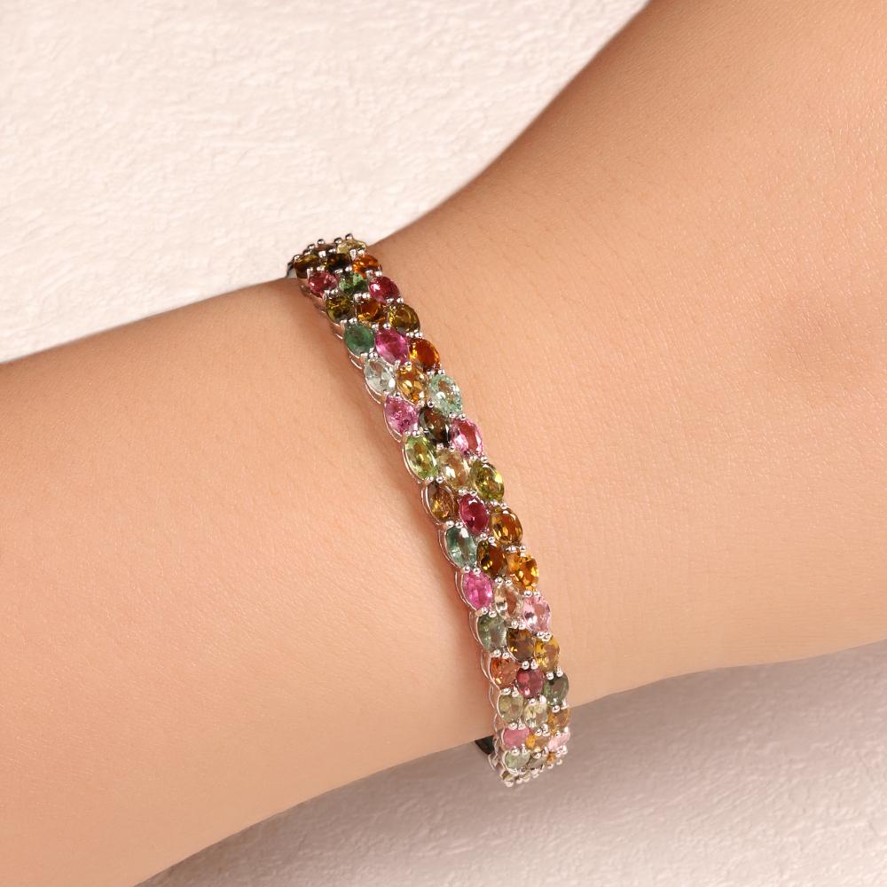 Natural Multi-Tourmaline Silver Bangle S925 Silver Fine Jewelry with Colorful Real Gemstones Fine Jewlery for Women Nice Gift
