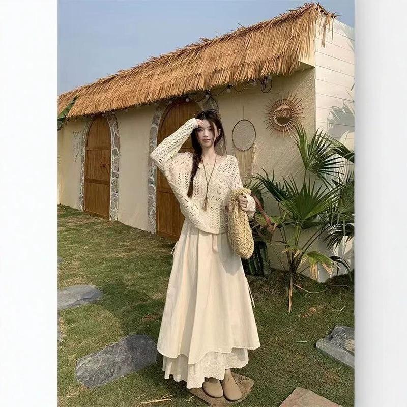 Set Spring and Autumn New Lazy Crochet Hollow Blouse Top Knitted Sweater Bust Skirt Gentle Two-piece Set