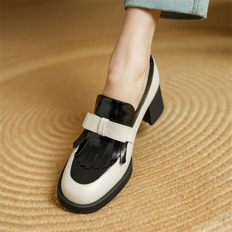 Fashion New Spring/summer Genuine Leather Women Pumps Shoes for Women Fashion Mixed Color Bow Round Toe Chunky Heels High Heels Loafers