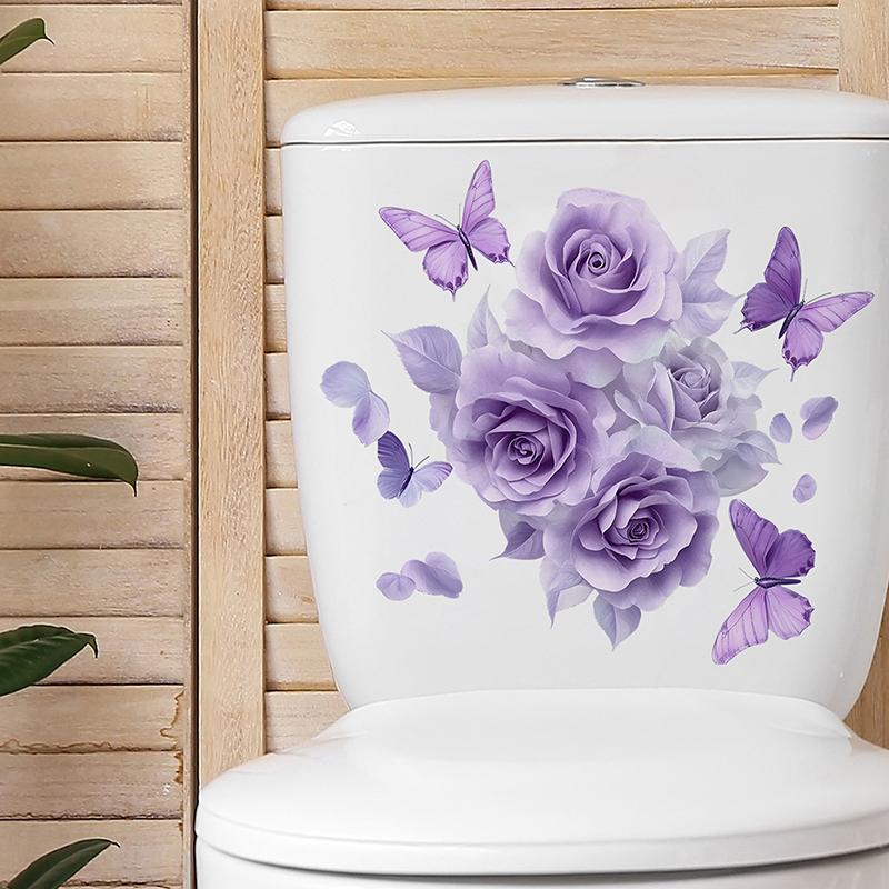 Bathroom Toilet Sticker Modern Minimalist Purple Flower Butterfly Pattern Self-Adhesive Paintings For Bathroom Living Decoration
