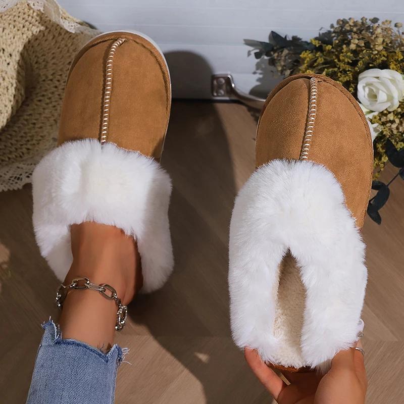 Herbst Winter Warme Flache Fell Hausschuhe Damen Wildlederimitat Flauschig Pelzig Zuhause Pantoletten Herren Komfort Rutschfest Indoor Boden Baumwollschuhe